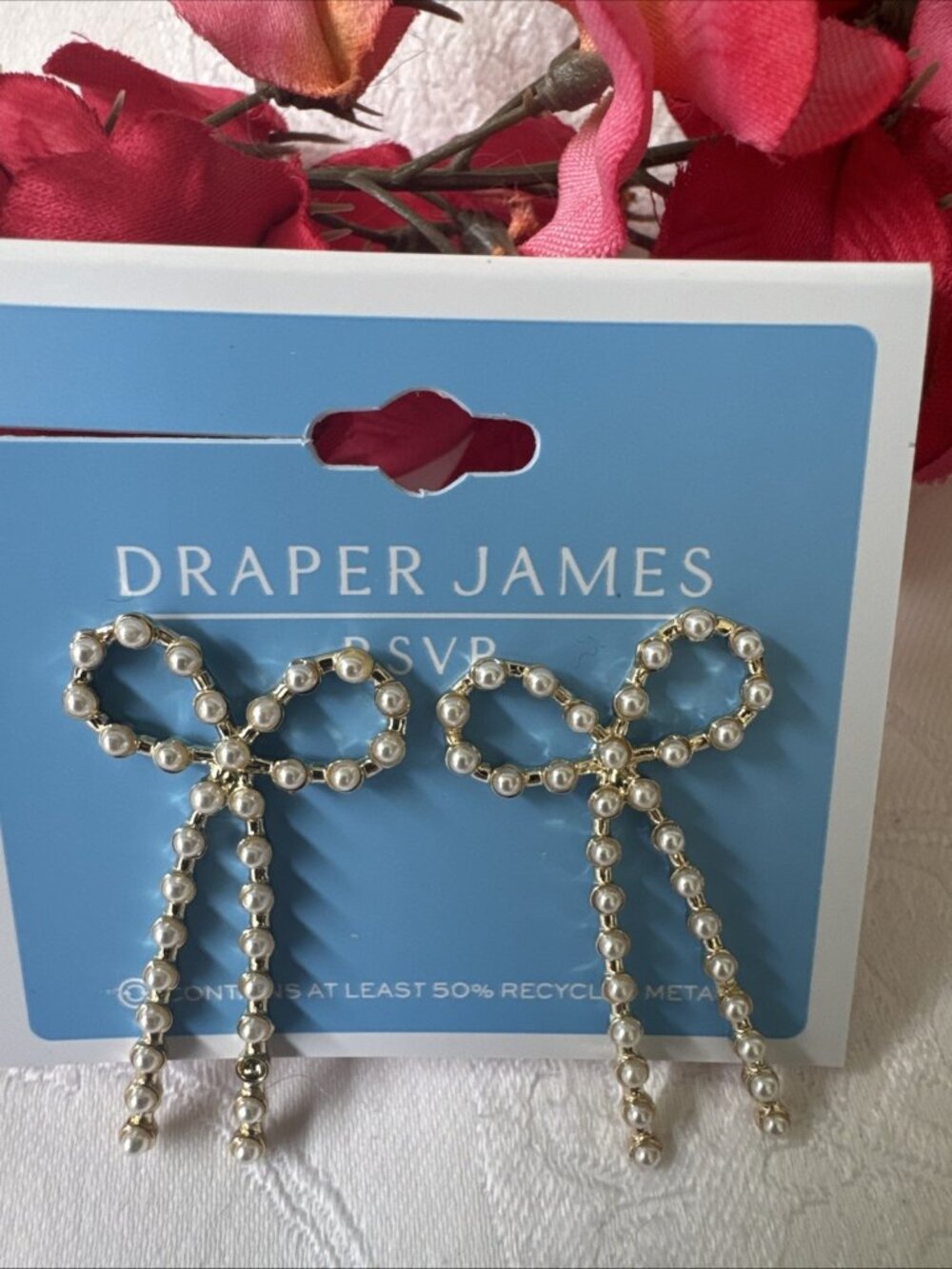 NEW DRAPER JAMES RSVP EARRINGS HARD TINY PEARL RIBBON BOWS FEMININE 1.4" NEW